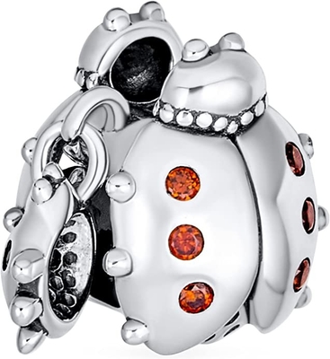 Insect Garden Mother Baby Ladybugs Red CZ Dangle Charm Beads Good Luck