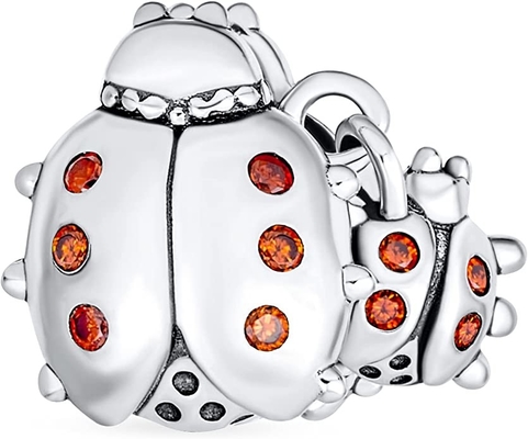 Insect Garden Mother Baby Ladybugs Red CZ Dangle Charm Beads Good Luck