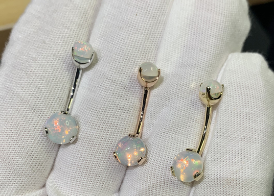 25mm Length 18k Gold Nose Stud , OEM Nose Ring Piercing With White Fir Opal