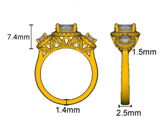 Halo 2.1ct 3 Stone Diamond Engagement Ring Prong Setting Type RD7MM