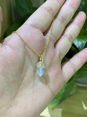 Hexagonal Natural Moonstone Necklace , 14k Gold Cable Chain Necklace 14inch Length