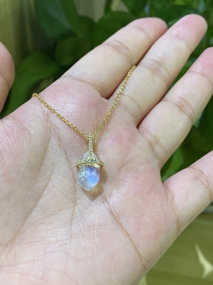 Hexagonal Natural Moonstone Necklace , 14k Gold Cable Chain Necklace 14inch Length
