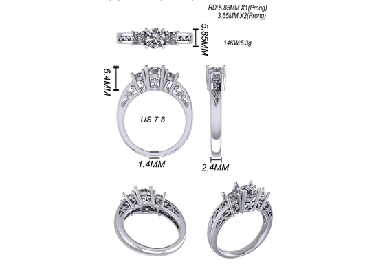 0.8ct 14k Solid Gold Jewellery , Prong Setting RD5.85mm Diamond Three Stone Ring