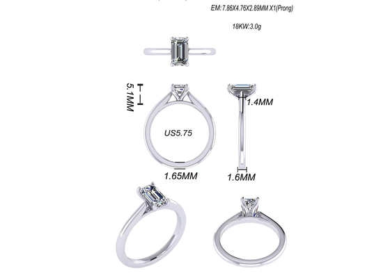 1.05 Ct 14K Solid Gold Jewellery , Emerald Cut Diamond Engagement Rings EM7.86×2.89MM