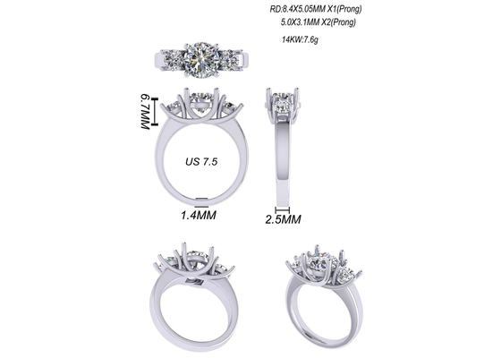 Round Cut 14k Solid Gold Jewellery White Gold Color Plated 2.21g Weight 8.4×5.05mm