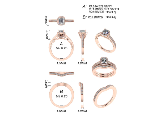 0.8ct 14K Solid Gold Jewellery , rose gold engagement ring set RA5.6×4.5MM