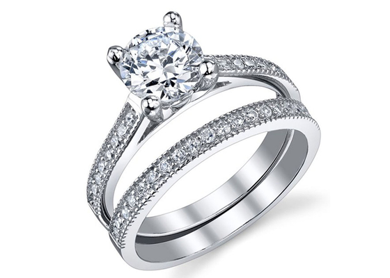 Round Cut 1.25 Carat Diamond Ring , 18K White Gold Ring Set For Wedding