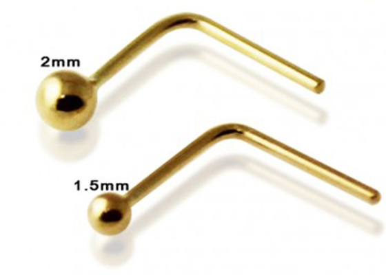 L Shaped 18k Gold Nose Ring , Nose Ring With Ball On End 1.5-2.0mm size