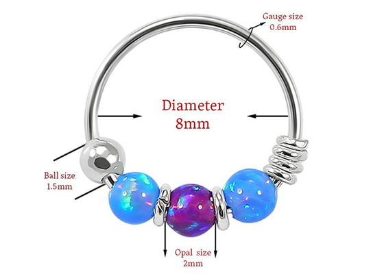 Dia 8mm Hoop Nose Piercing , White Gold Nose Ring With 3 Pieces Opal Stones ODM