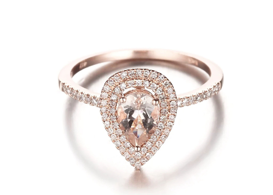 Pear Cut Double Halo Morganite Engagement Ring 6×9MM 0.79ct Weight ODM