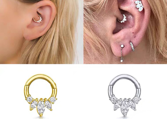 Marquise Cut 14K Gold Clicker Piercing Four Claw Setting Type For Septum Daith Nose