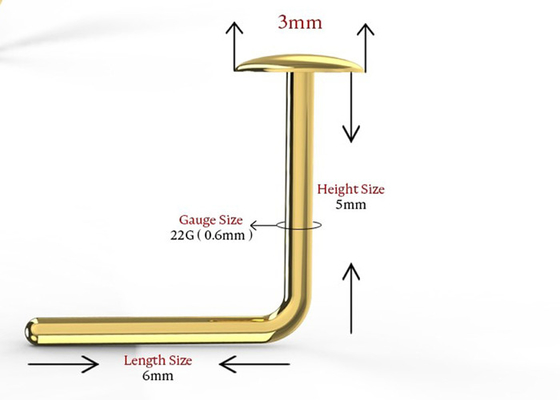 L Shape 18K Gold Nose Piercing Button Style For Women 6mm + 5mm Length