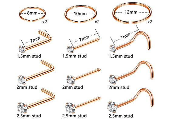 ODM 18k Rose Gold Nose Ring , Nose Piercing Pin With 1.5-2.5mm Natural Diamond