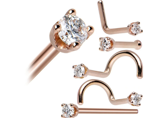 ODM 18k Rose Gold Nose Ring , Nose Piercing Pin With 1.5-2.5mm Natural Diamond