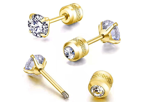 Hypoallergenic 14k Gold Flat Back Stud Earrings With 2mm 4mm Tiny Round Diamond