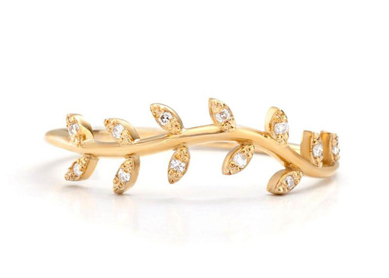 14K Yellow Gold Olive Branch Diamond Ring Round Cut 1.2mm Size