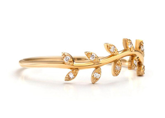14K Yellow Gold Olive Branch Diamond Ring Round Cut 1.2mm Size