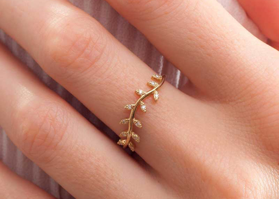 14K Yellow Gold Olive Branch Diamond Ring Round Cut 1.2mm Size
