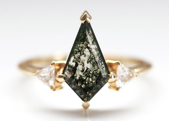 Triangle Natural Moss Agate Engagement Ring , 9k Gold Ring With Diamonds OEM ODM