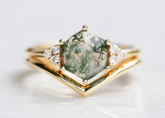 Hexagon Cut Green Moss Agate Engagement Ring 14k Gold Material 6.5mm Size
