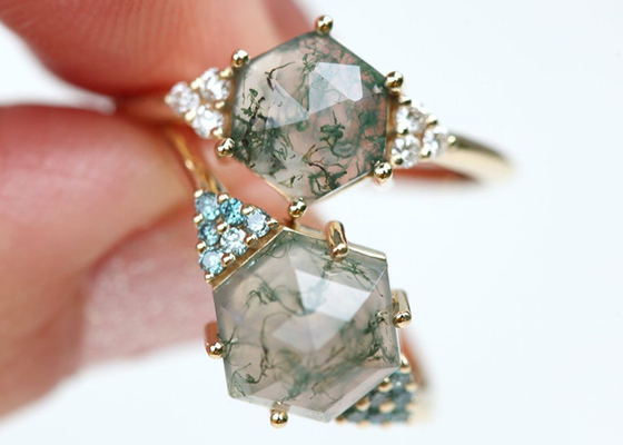 Hexagon Cut Green Moss Agate Engagement Ring 14k Gold Material 6.5mm Size