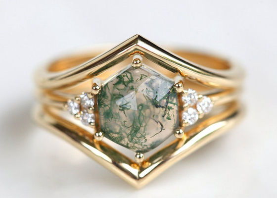 Hexagon Cut Green Moss Agate Engagement Ring 14k Gold Material 6.5mm Size