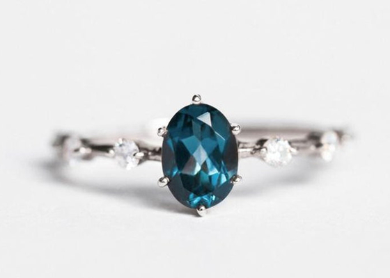 1.56ct London Blue Topaz Ring , Oval Shape Diamond Ring Round Cut OEM