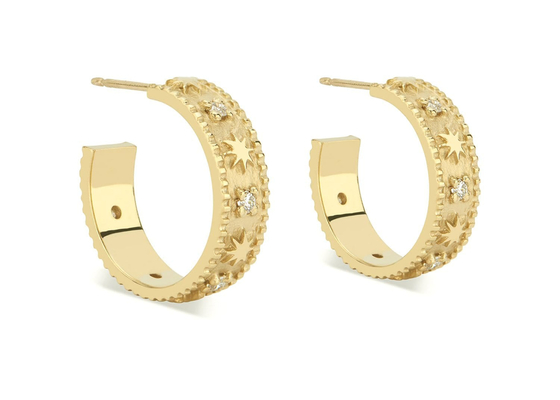Star Engraved 9K Gold Earrings Huggie Hoop Style Dia 16MM Width 4MM