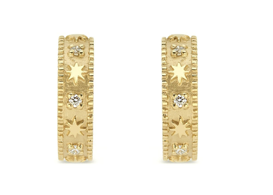 Star Engraved 9K Gold Earrings Huggie Hoop Style Dia 16MM Width 4MM