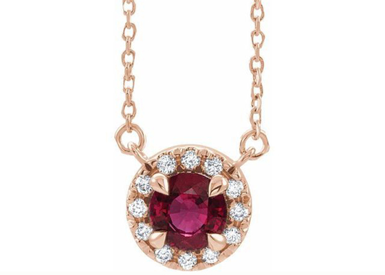 14K Gold Natural Ruby Pendant Necklace Round Cut With 0.6ct 5mm Halo Stones