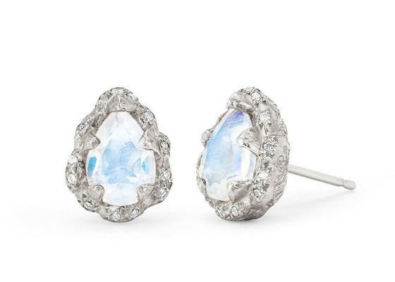 Water Drop Faceted 9K Gold Earrings With 6×8MM Moonstone Real Diamond