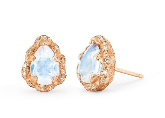 Water Drop Faceted 9K Gold Earrings With 6×8MM Moonstone Real Diamond