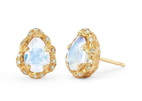 Water Drop Faceted 9K Gold Earrings With 6×8MM Moonstone Real Diamond
